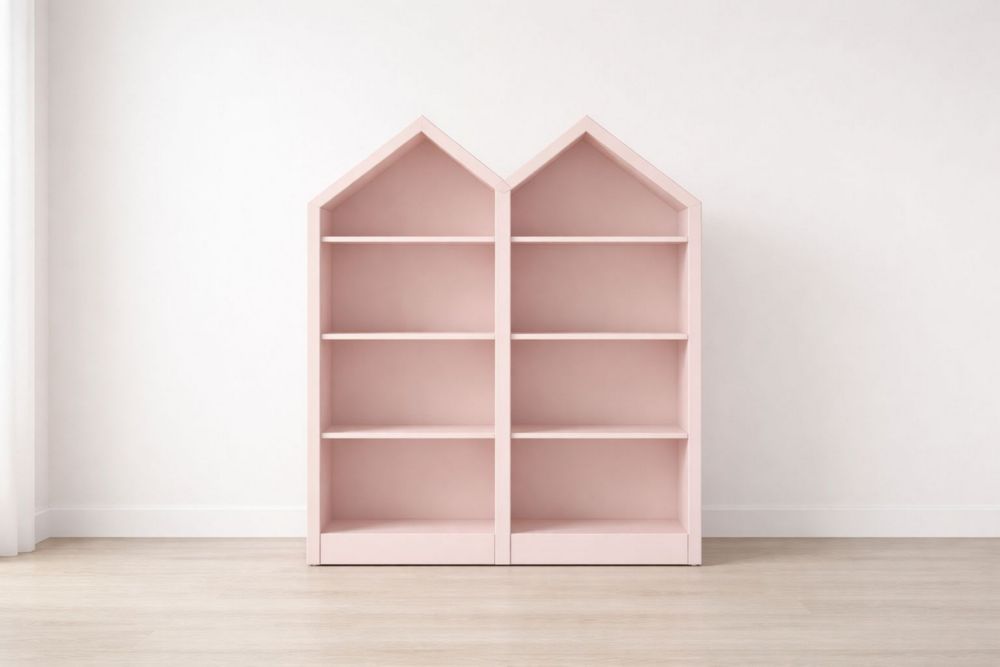 Pink MDF House-Shaped Bookshelf with Multiple Shelves