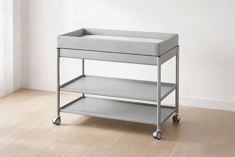 Grey Steel Changing Table with Wheels and Shelves