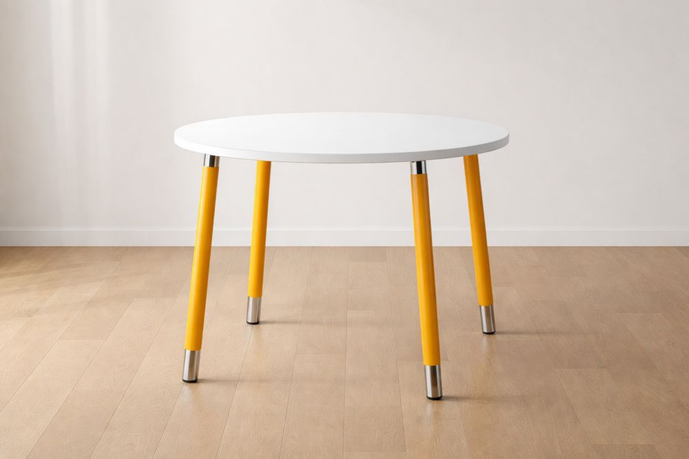 Round White Table with Yellow Metal Legs、