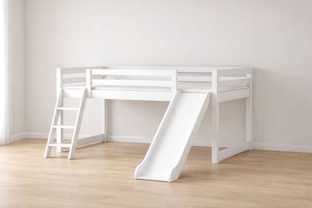 White Wood Loft Bed with Slide and Ladder