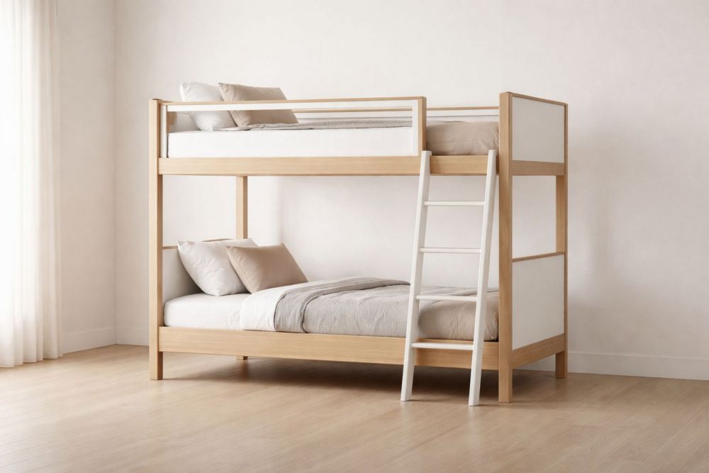 Twin Over Twin Bunk Bed Wooden Frame with White Panels and Ladder