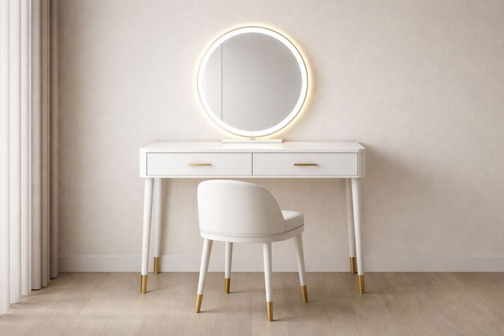 White MDF Dressing Table with Gold Accents and Round LED Mirror Set