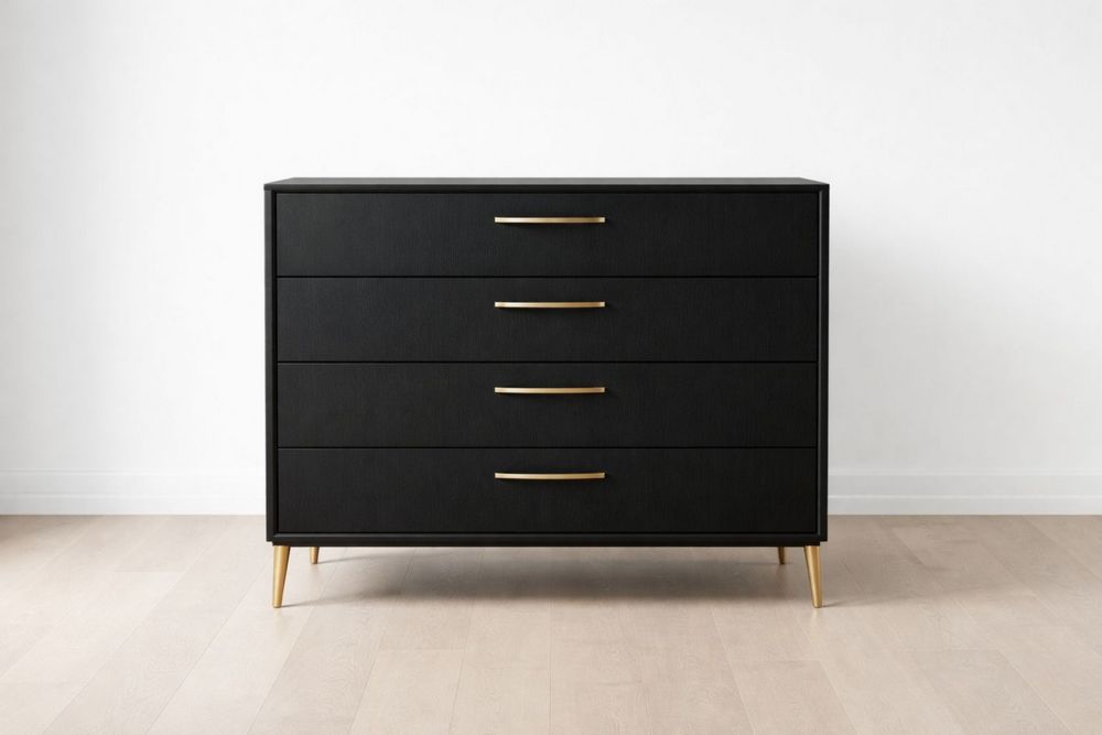 Black Wood Dresser with Four Drawers and Gold Handles