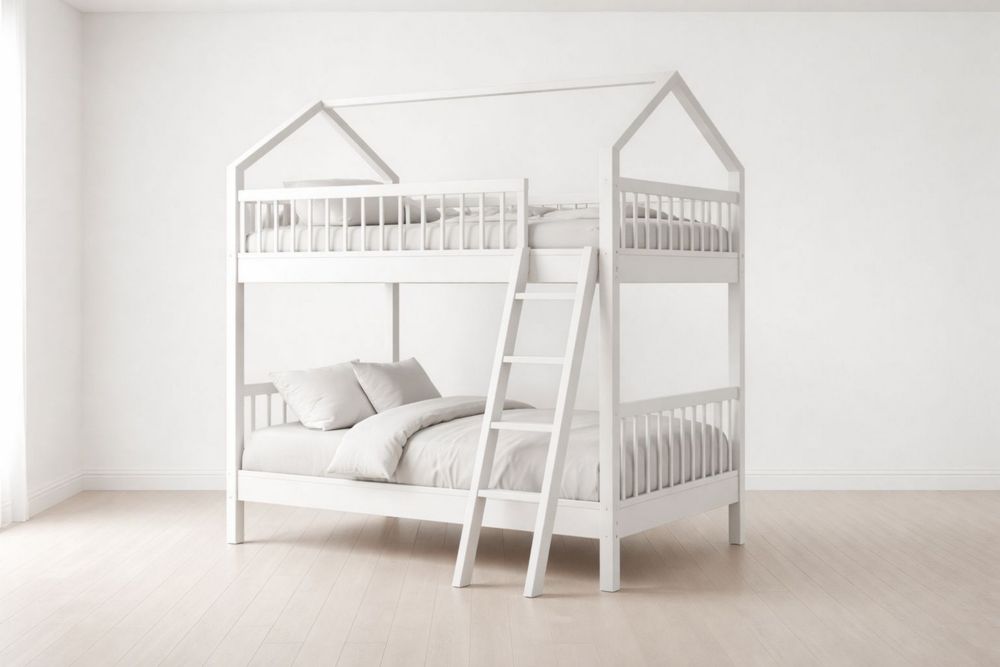 White Wooden Bunk Bed with Ladder and House Shape Design 198cm x 98cm x 170cm