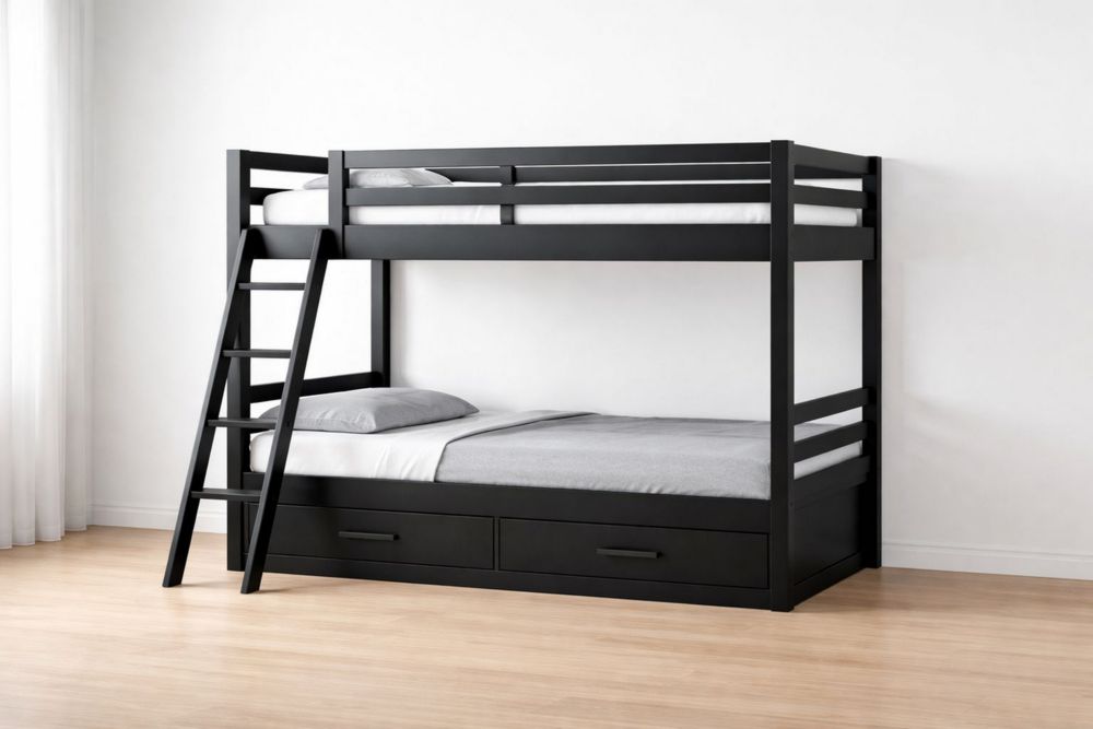 Black Wooden Twin Over Twin Bunk Bed with Storage Drawers and Ladder