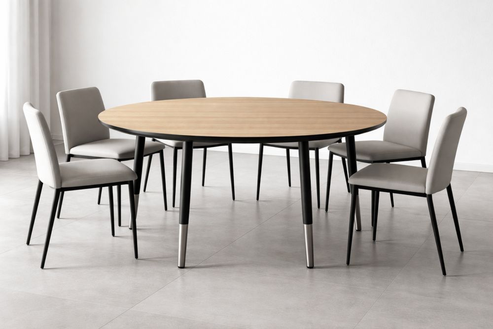 Round Dining Table Set with 6 Upholstered Chairs and Metal Legs