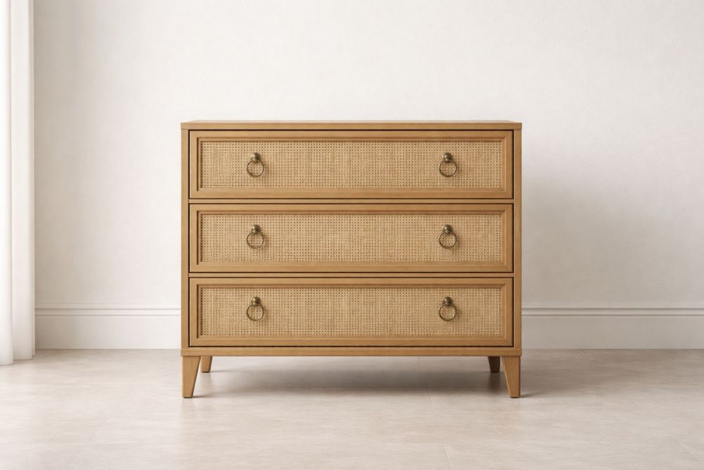 Wood and Rattan 3-Drawer Dresser