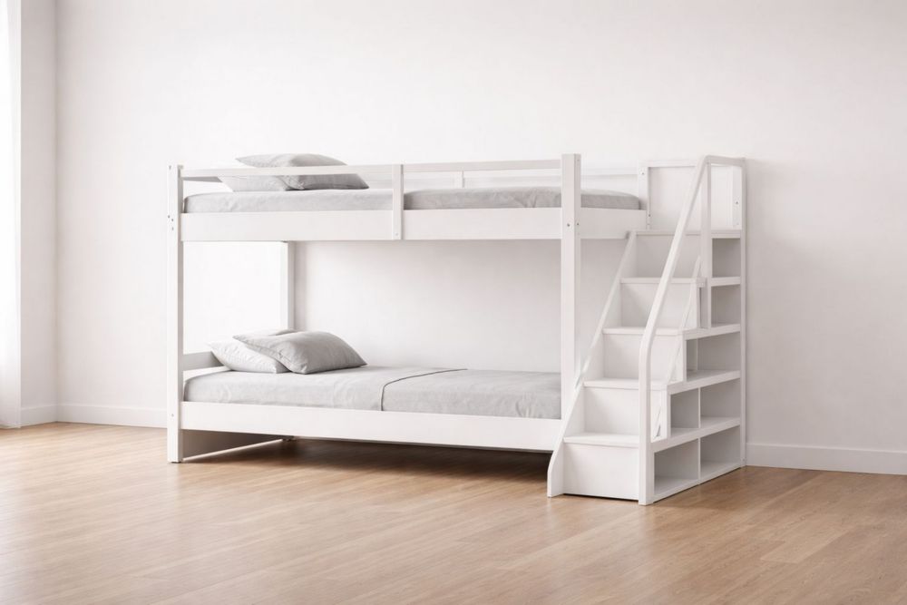 White Wood Bunk Bed with Storage Steps Twin Size
