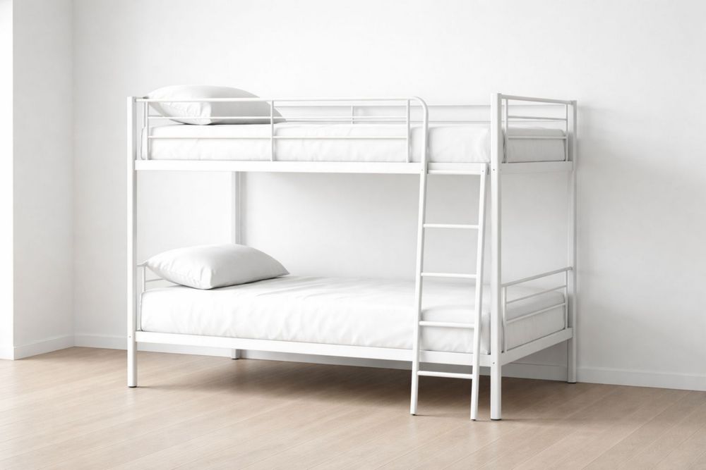 White Metal Bunk Bed Frame with Ladder and Mattresses Twin Size