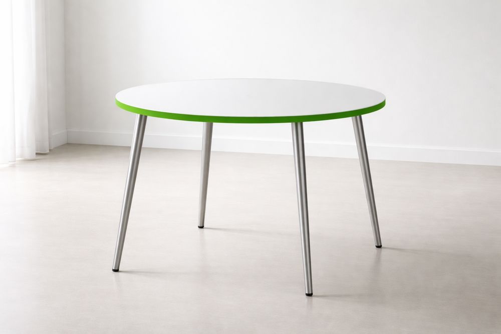 Round White Dining Table with Green Edge and Metal Legs