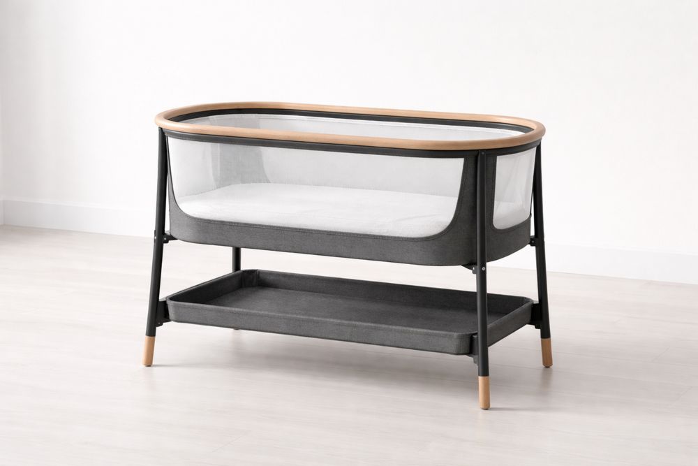 Oval Mesh Baby Bassinet with Storage Shelf