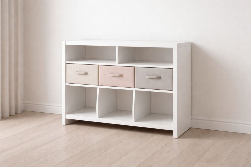White Wood Storage Cabinet with Fabric Drawers and Shelves
