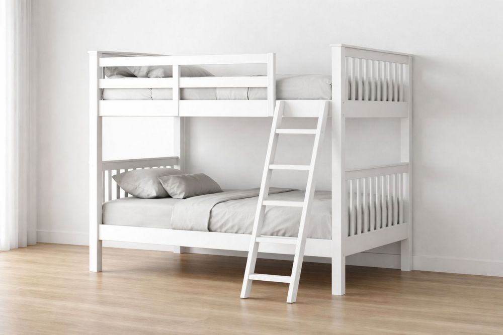 White Wood Twin Over Twin Bunk Bed with Ladder