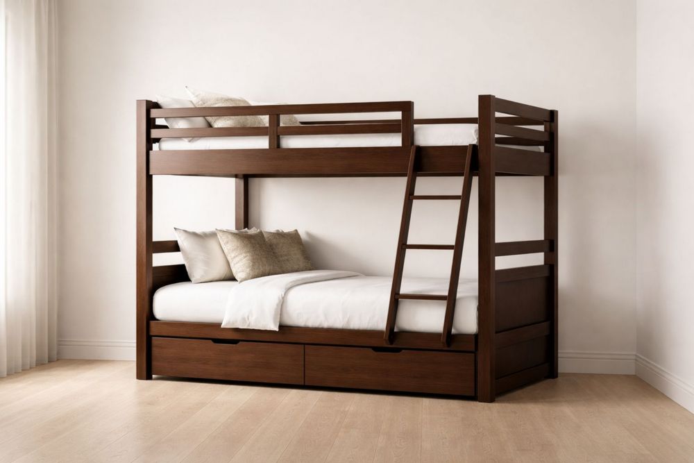 Dark Brown Wood Bunk Bed with Ladder and Storage Drawers