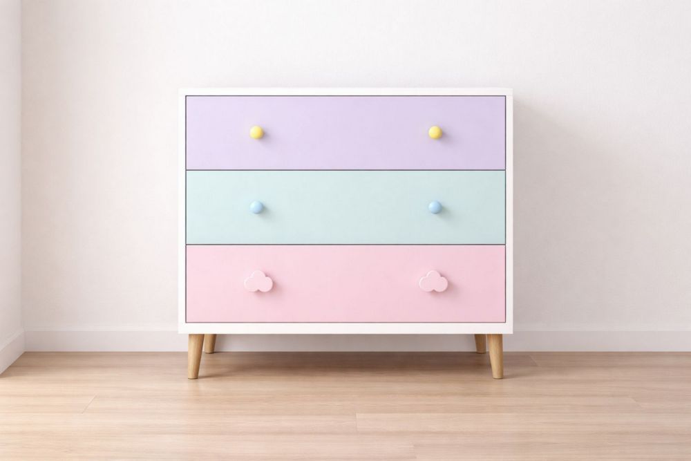 Three-Drawer Pastel Dresser with Wooden Legs