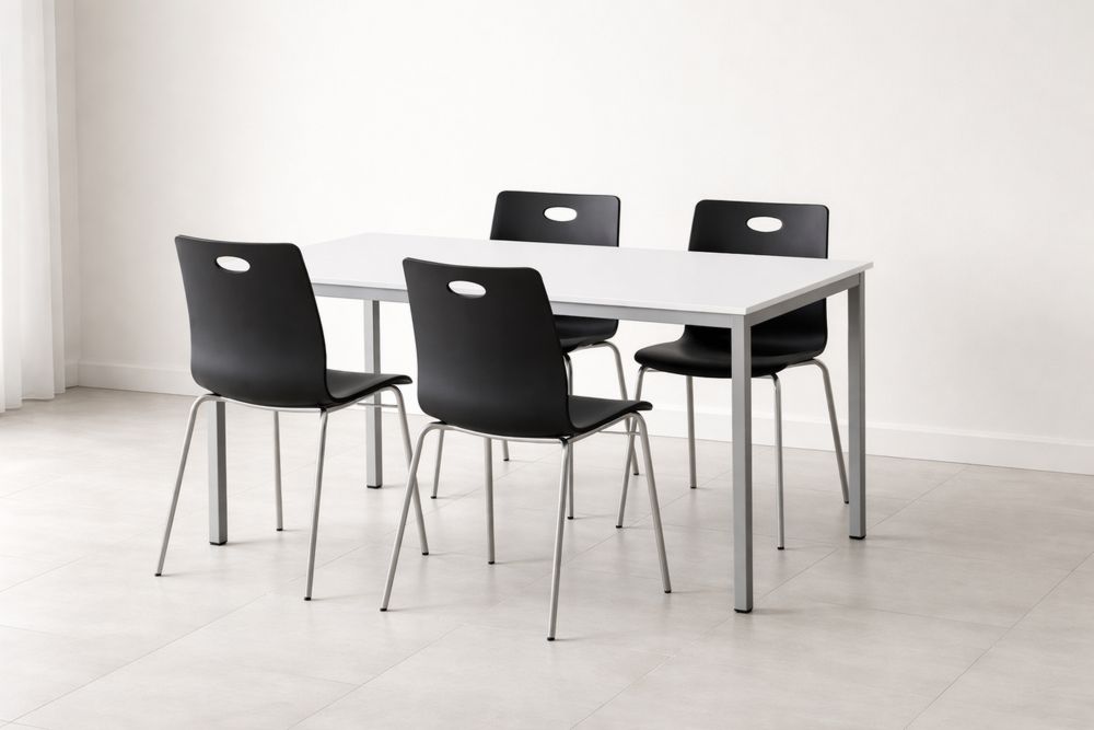 Dining Table and Chairs Set White Laminate Top Metal Legs Black Plastic Chairs