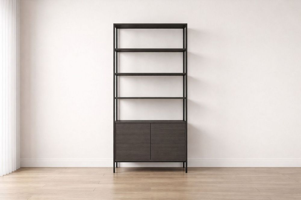 Dark Brown Wood Bookcase with Metal Frame and Cabinet