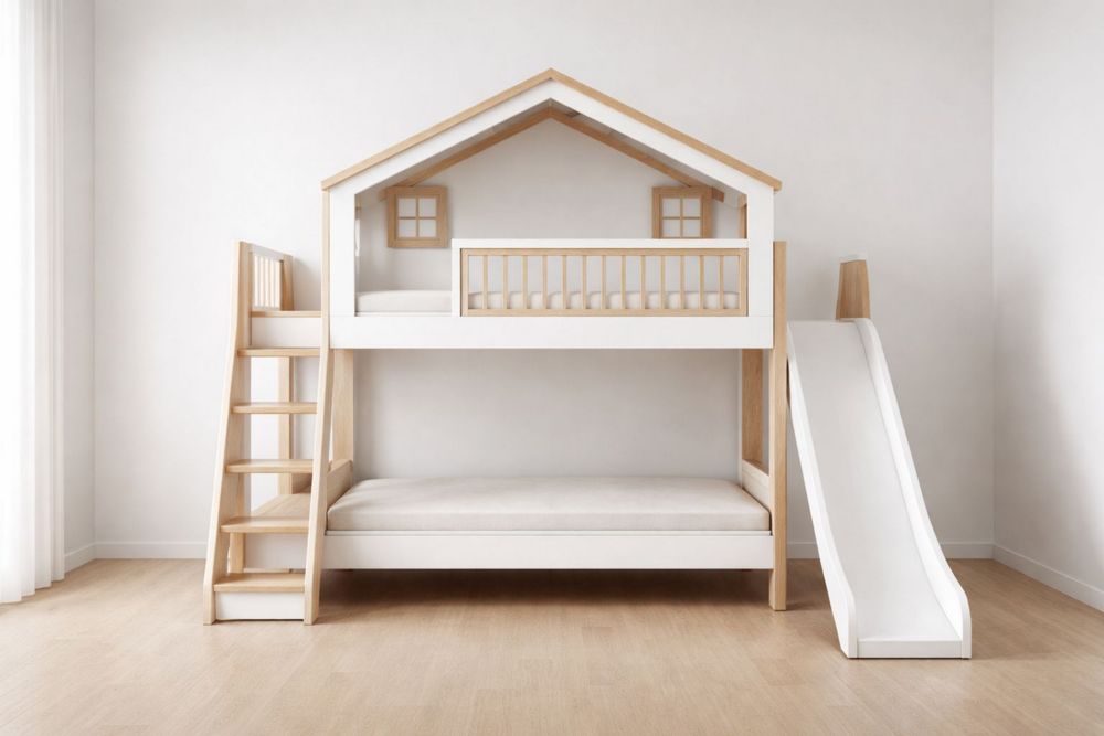 Wooden Bunk Bed with Slide and Ladder for Children White/Natural