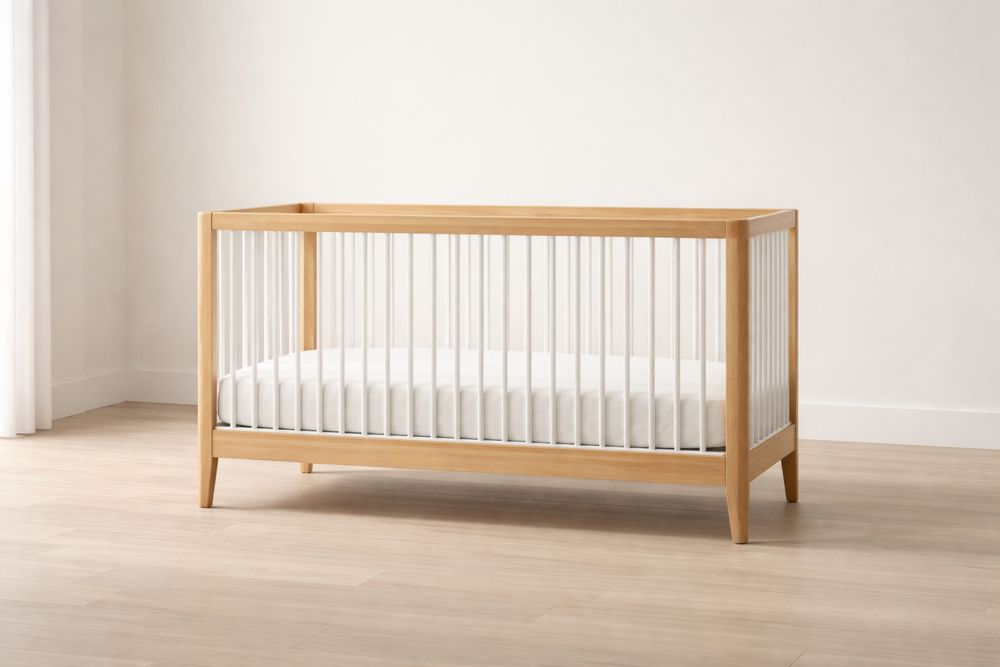Natural Wood Baby Crib with White Metal Slats