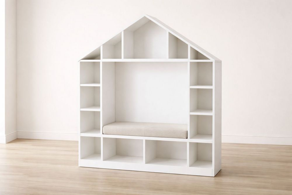 White MDF House-Shaped Shelving Unit with Cushioned Seat