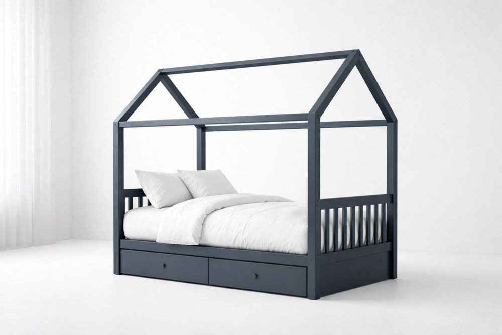 House Bed with Drawers Blue Wood Frame Twin Size