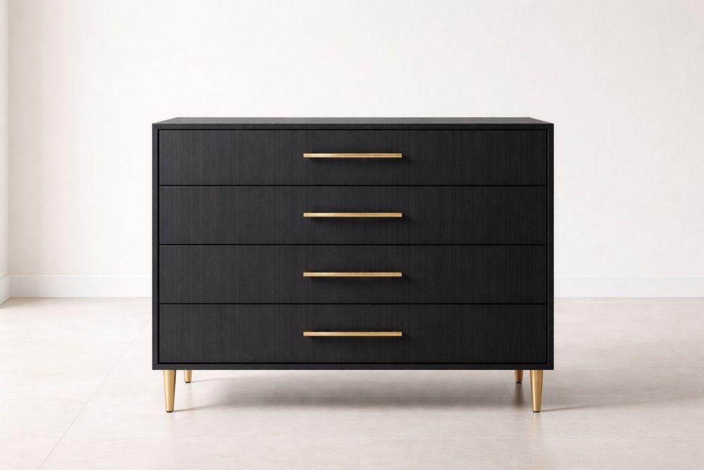 Black Wood Chest of Drawers with Gold Accents 4-Drawer 90x45x80cm
