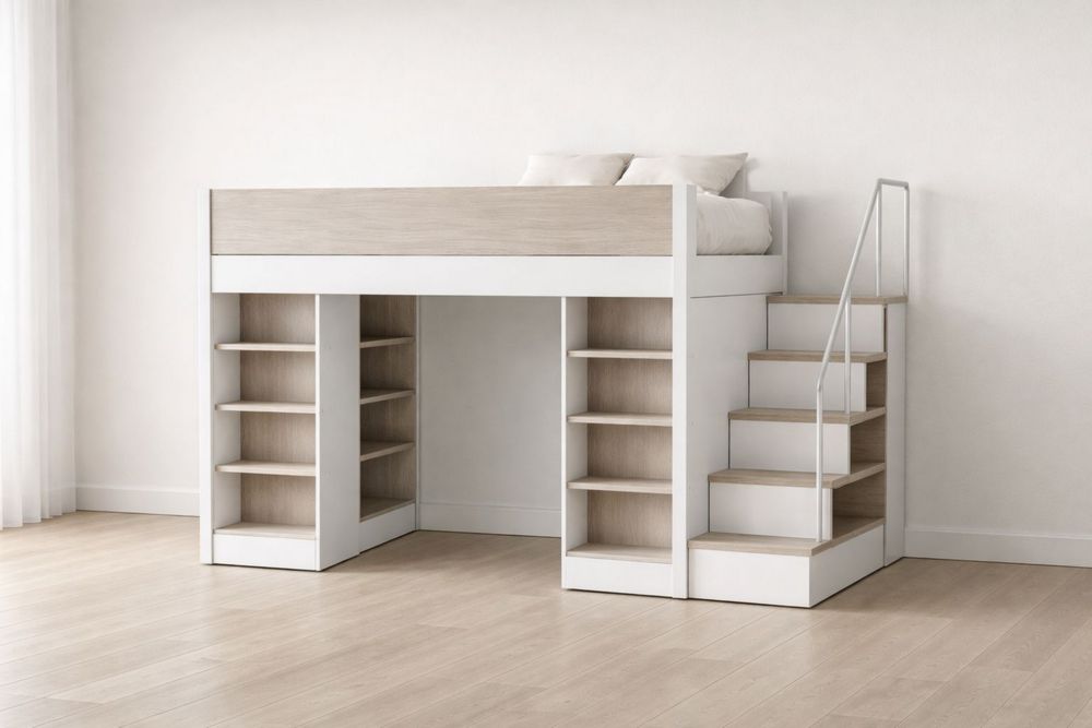 Loft Bed with Storage Shelves and Stairs MDF Wood 98x42x55 inches