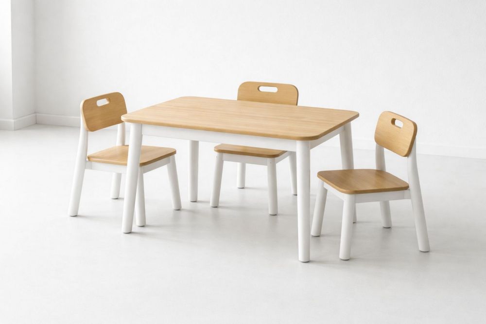 Children's Wood Table and Chairs Set Natural White 4-Piece