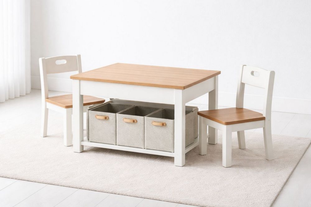 White and Natural Wood Kids Table and Chair Set with Storage