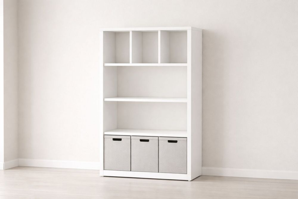 White Wood Bookshelf with Fabric Bins 180x80x30cm