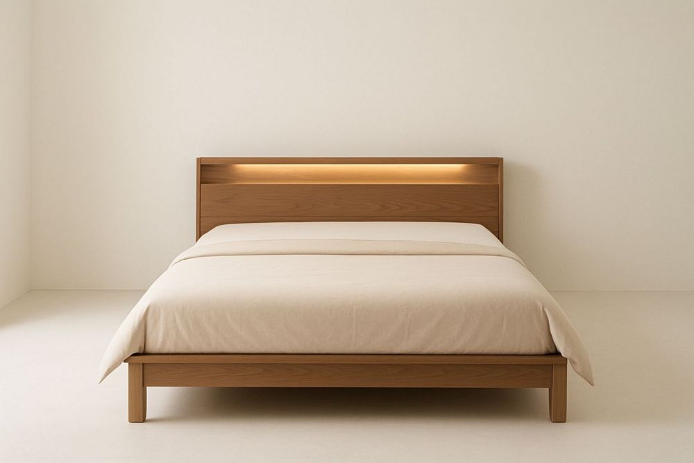 Solid Wood Bed Frame with Light Oak Finish and LED Headboard