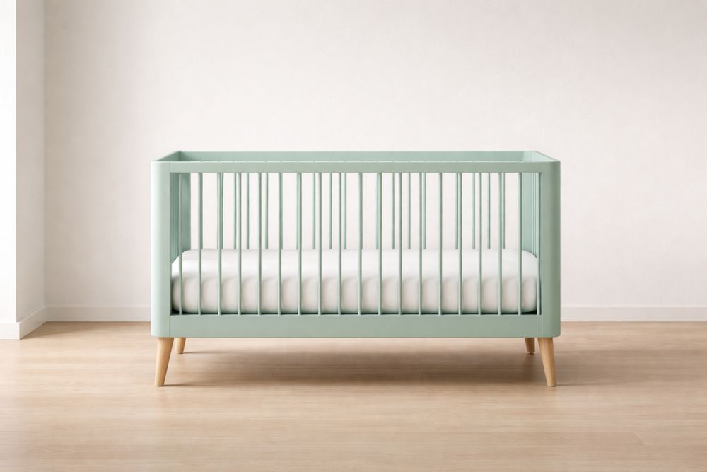Mint Green Wooden Baby Crib with Mattress and Natural Wood Legs