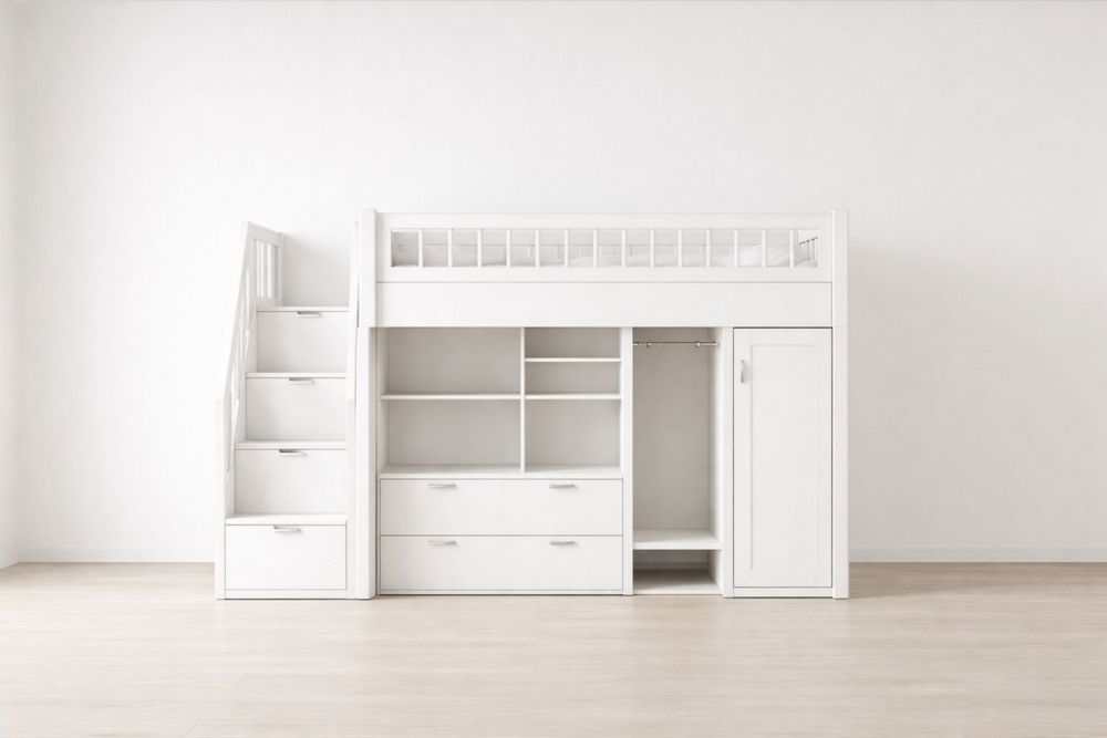 White Wood Loft Bed with Storage Steps and Wardrobe