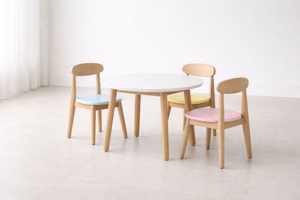 Children's Table and Chair Set with Round White Table and Multicolor Seats