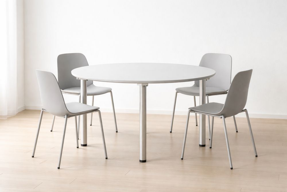 Round Dining Table and Chair Set Gray Wood Veneer Metal Frame