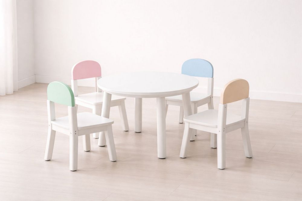Kids Wooden Table and Chair Set with Multicolor Backs