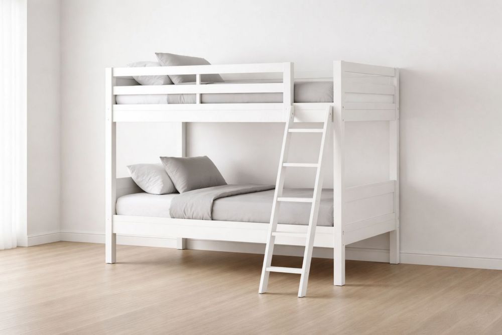 White Wooden Bunk Bed with Ladder Twin Size