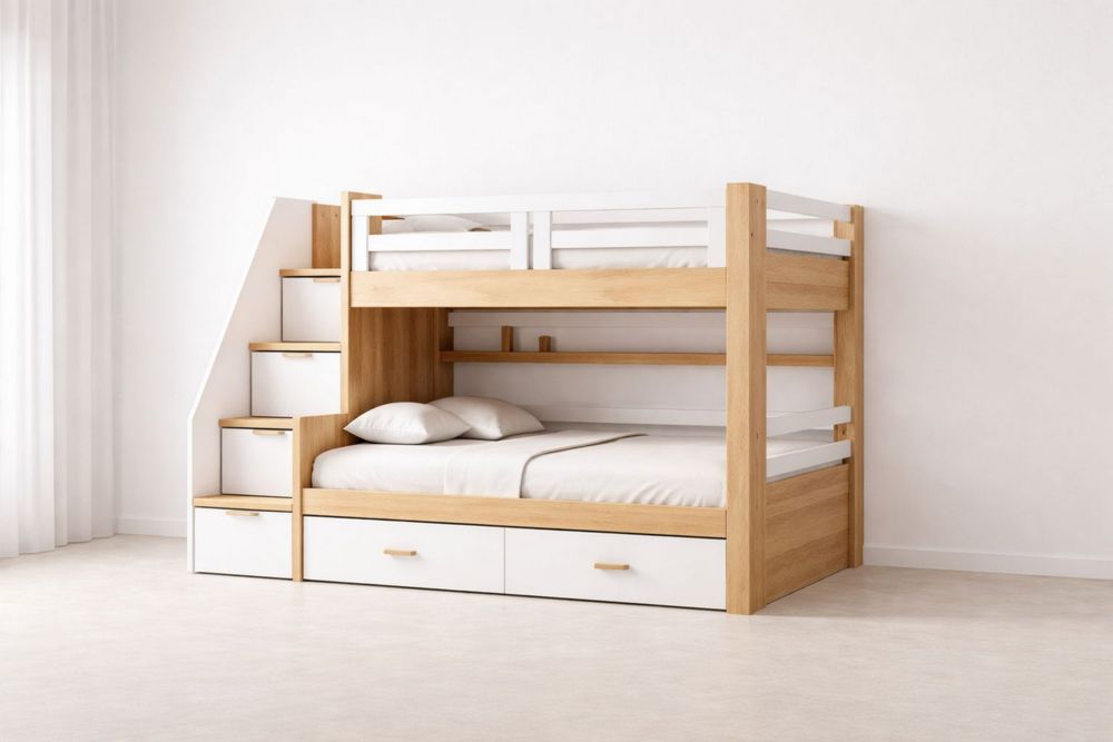 Solid Pine Wood and White Bunk Bed with Stairs and Drawers