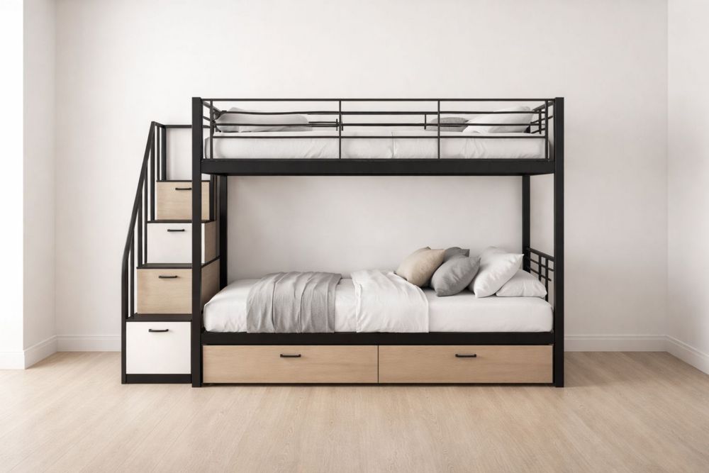 Twin Over Twin Metal Wood Bunk Bed with Stairs and Storage Drawers Black/Natural