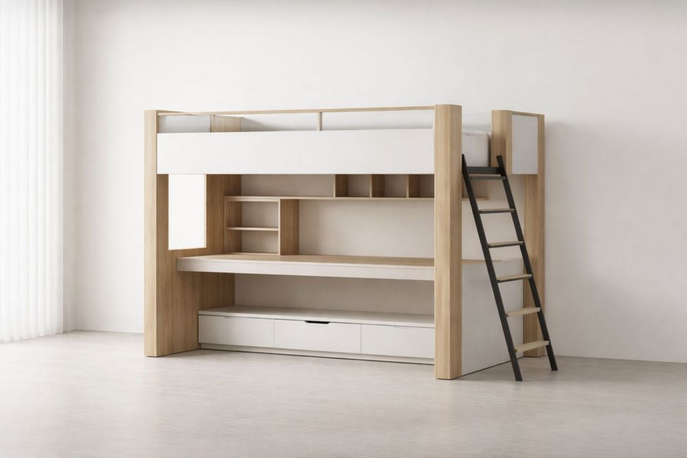 Wood and White Bunk Bed with Ladder and Storage Desk