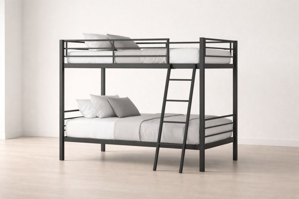 Black Metal Bunk Bed with Ladder and Guardrails