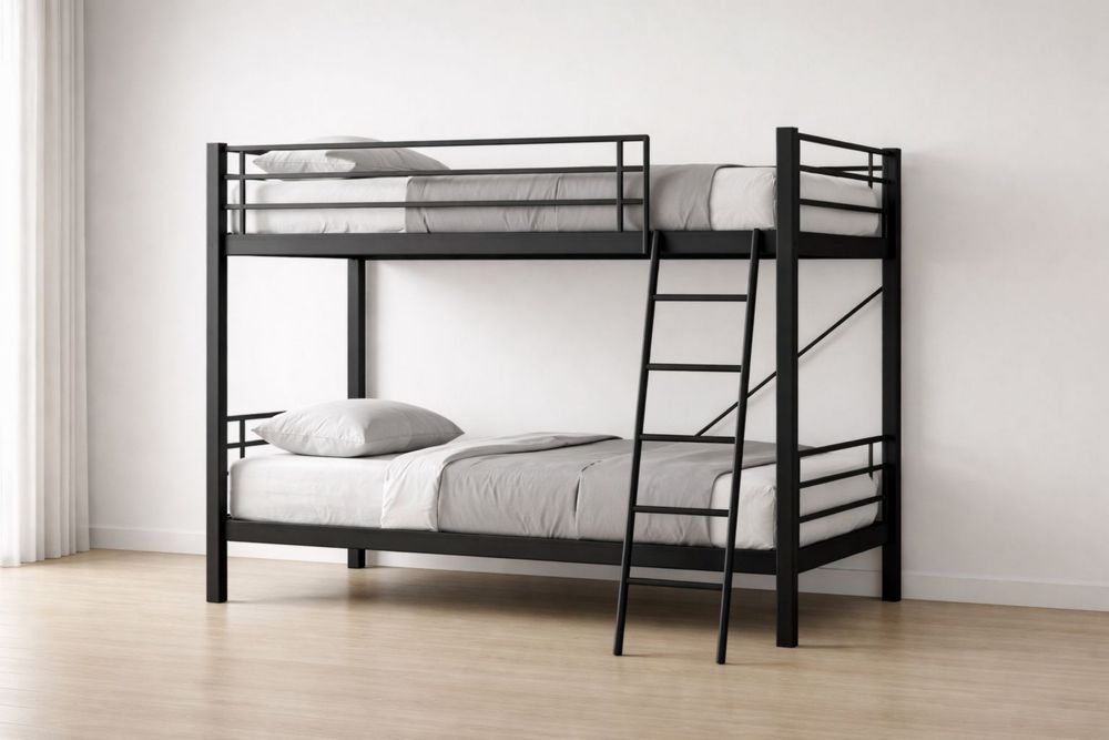 Metal Bunk Bed Black  with Ladder and Guardrails