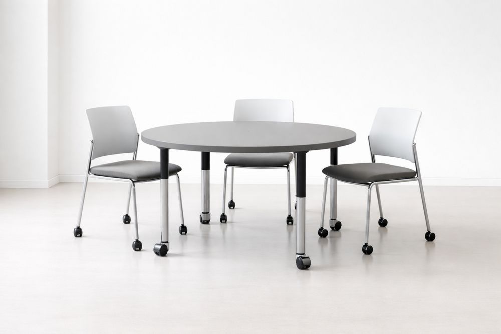 Gray and Black Round Meeting Table Set with Rolling Chairs
