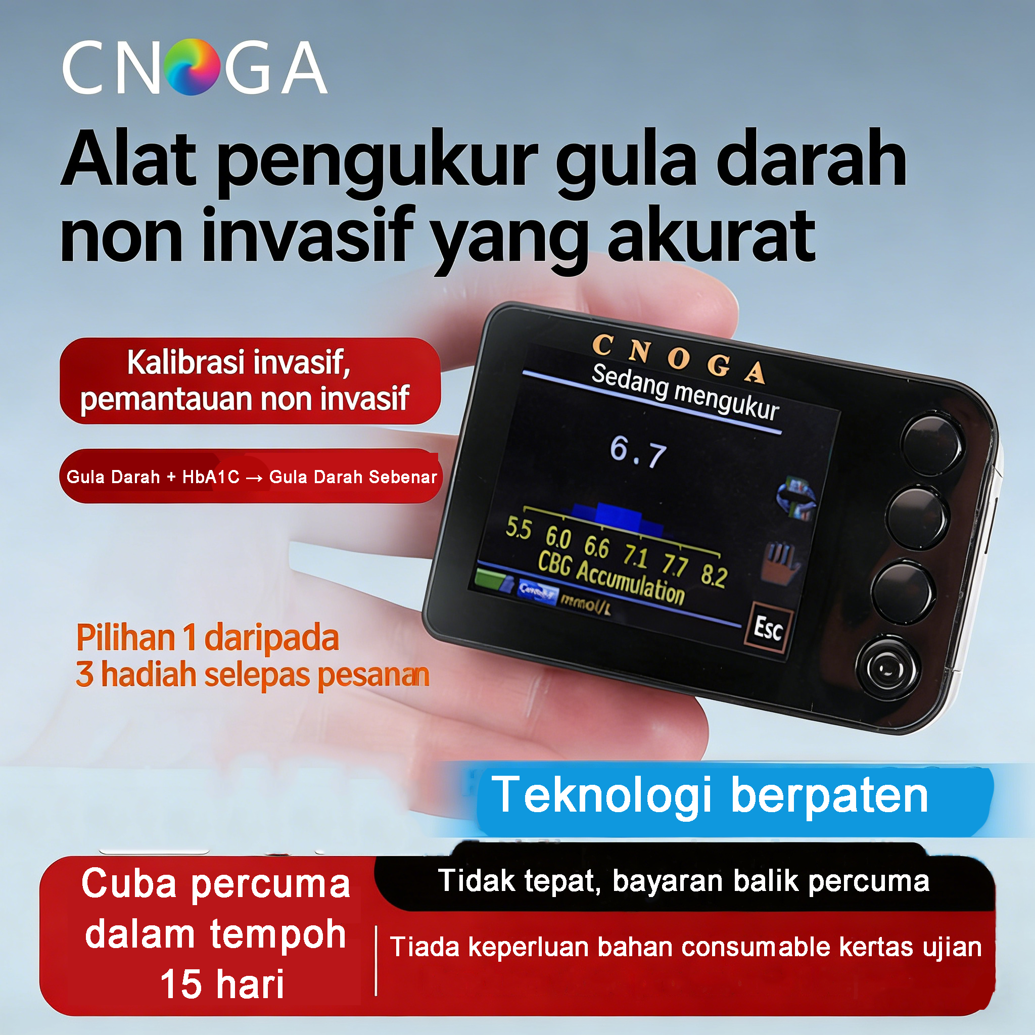 [CNOGA] Monitor Glukosa Darah Bukan Invasif — Bebas Jarum, Tiada Cucuk Jari, Tiada Sampel Darah Diperlukan — Monitor Glukosa Tepat, Dinamik, Boleh Digunakan di Rumah