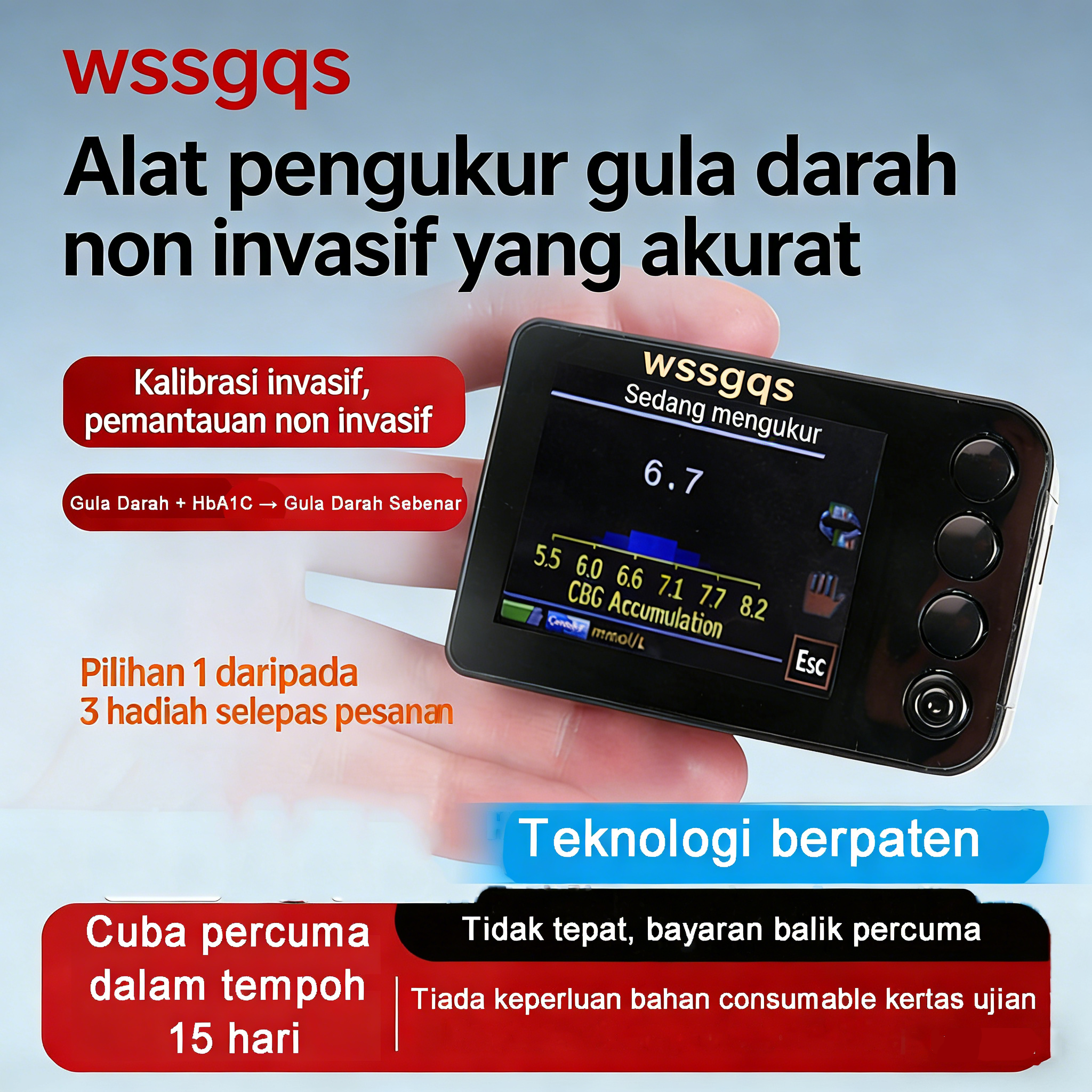 [WSSGQS] Monitor Glukosa Darah Bukan Invasif — Bebas Jarum, Tiada Cucuk Jari, Tiada Sampel Darah Diperlukan — Monitor Glukosa Tepat, Dinamik, Boleh Digunakan di Rumah