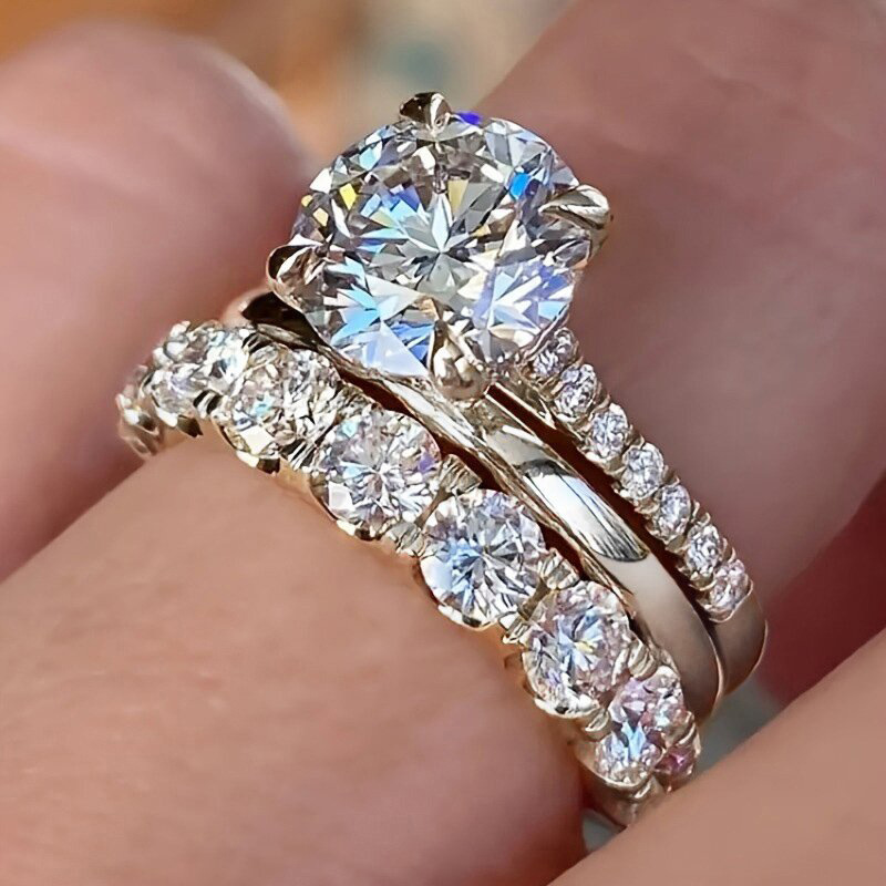 Cross-Border European and American Foreign Trade Elegant Ring Set of Three Inlaid with Zirconia Elegant Diamond Ring Wedding Party Matching Ring