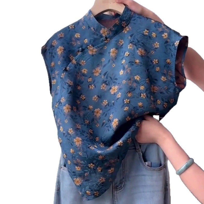 New Chinese-style high-end gray-blue orchid top for women, 2025 summer new model, light luxury niche elegant vest