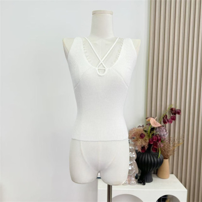 C21 Sultry figure, black and white two-tone textured V-neck slimming versatile cross halter neck camisole for women