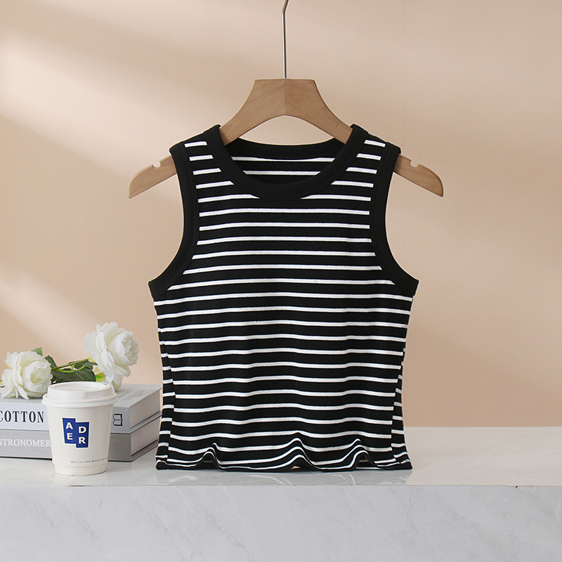 D29 Summer Thin Bra Cup Integrated Tank Top for Women, Striped with Chest Pads, Wide Shoulder, Waist-Length Short Tank Top