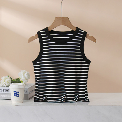 D29 Summer Thin Bra Cup Integrated Tank Top for Women, Striped with Chest Pads, Wide Shoulder, Waist-Length Short Tank Top